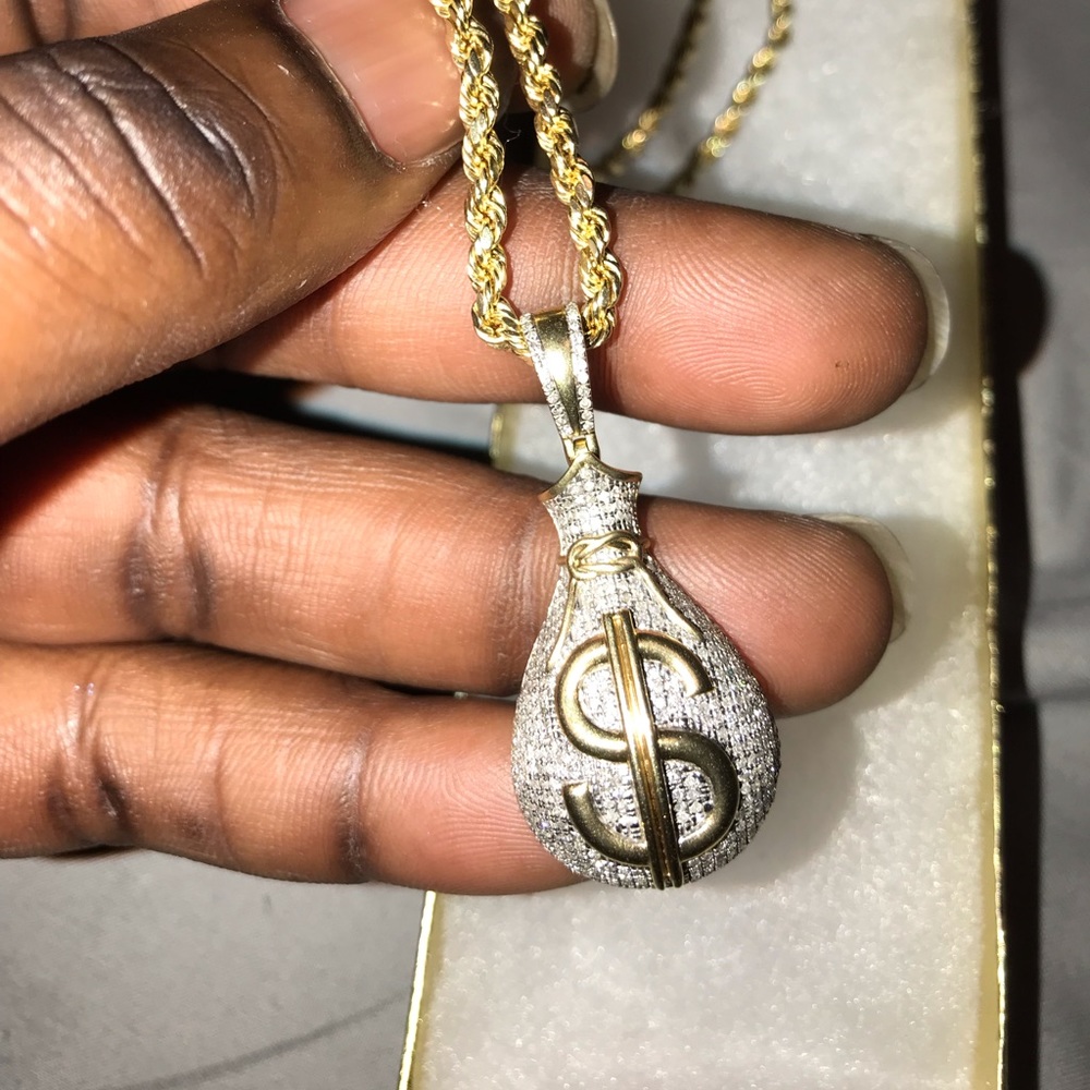 14k gold diamond moneybag pendent...10k gold chain
